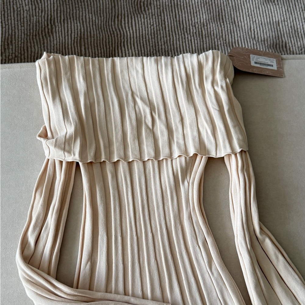 Meshki Cream Off-Shoulder Pleated Maxi Dress